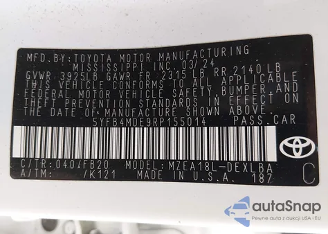 2024 Toyota Corolla Le из США, поврежденный, VIN 5YFB4MDE9RP155014